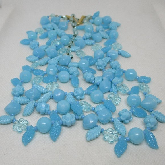 SIGNED W GERMANY NECKLACE Triple Strand Blue Flower Necklace Fruit Salad Beaded - Picture 9 of 12